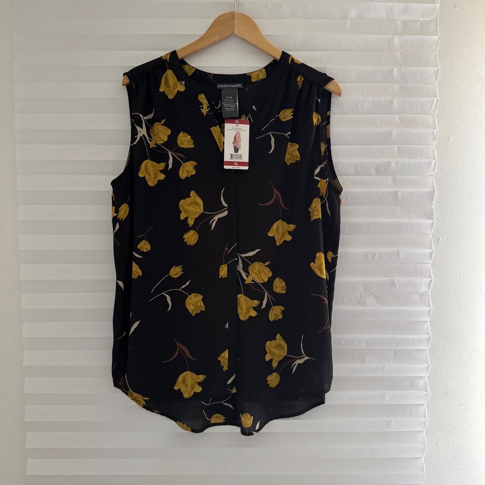 Chelsea & Theodore Black Yellow Tulip Floral VNeck Sleeveless Blouse XL Workwear